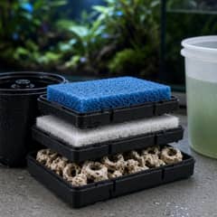 A hang-on-back aquarium filter opened to show its layered mechanical sponge, ceramic biological media, and activated carbon chemical media