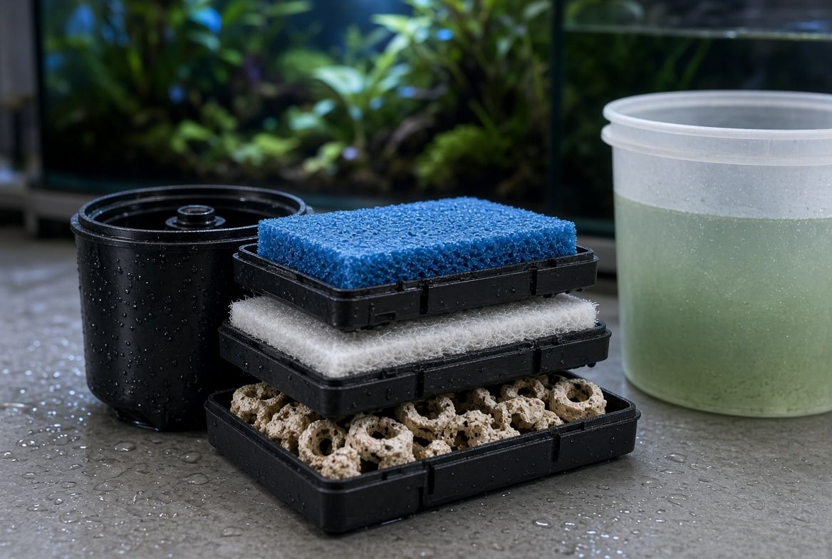 A hang-on-back aquarium filter opened to show its layered mechanical sponge, ceramic biological media, and activated carbon chemical media