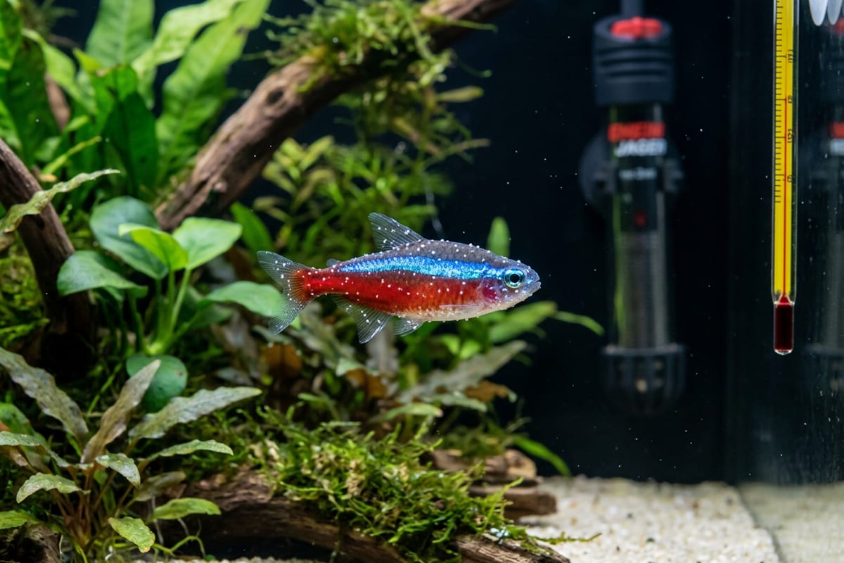 A close-up of a small aquarium fish with fine white spots across its fins and body, with an aquarium heater and thermometer visible behind it