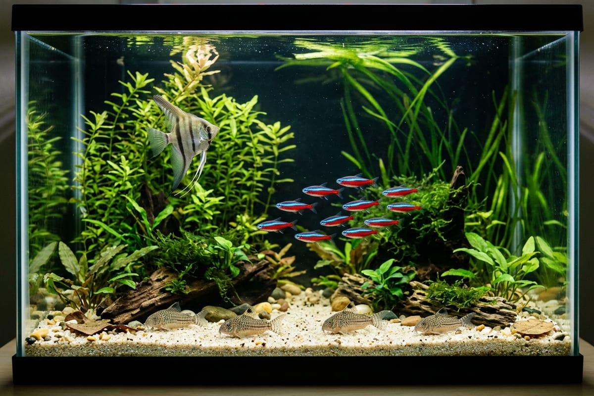 A planted freshwater community aquarium with a school of small tetras in the open water, corydoras catfish on the sand, and a single angelfish among tall plants