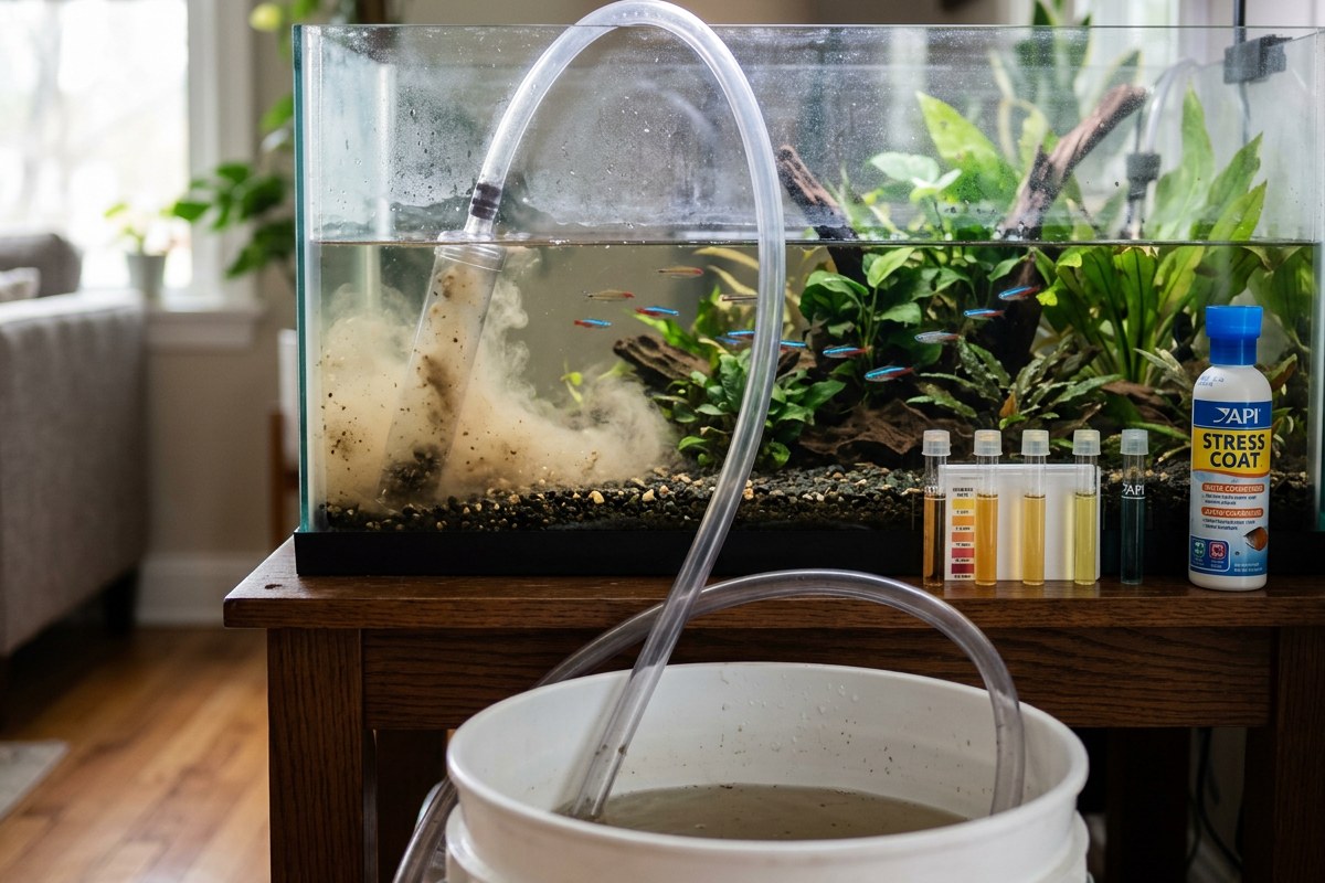 A gravel vacuum siphoning water from a planted freshwater aquarium into a bucket, with a test kit and a bottle of water conditioner on the stand beside it