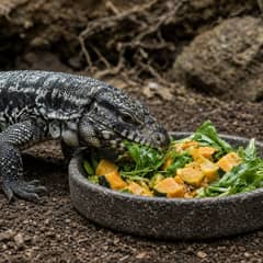 An adult Argentine black and white tegu eating chopped squash and greens from a wide bowl on the floor of its enclosure