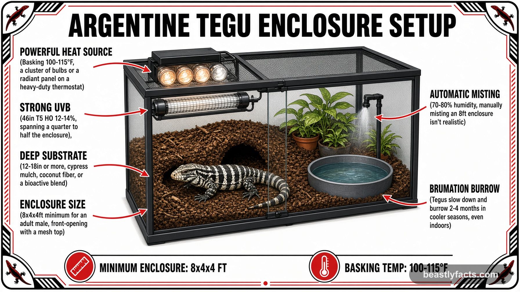 Labeled diagram of an Argentine tegu enclosure showing the powerful heat source, strong UVB, automatic misting, and a brumation burrow