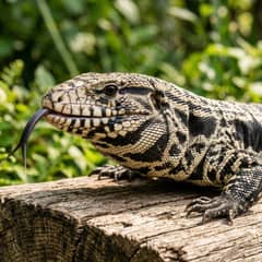 An Argentine black and white tegu resting calmly on a wooden platform, head raised and alert