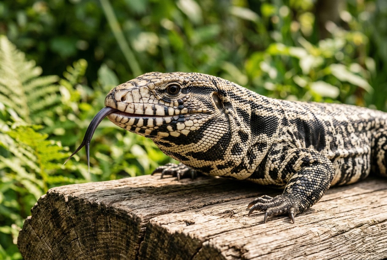 An Argentine black and white tegu resting calmly on a wooden platform, head raised and alert