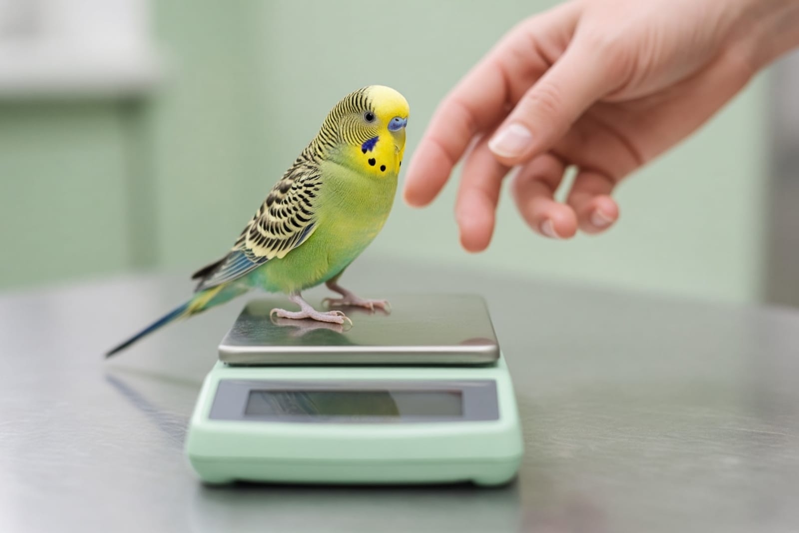 A budgerigar being weighed on a small digital gram scale at an avian vet clinic, showing how weight loss from avian gastric yeast is tracked