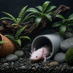 An axolotl emerging from a smooth tunnel hide surrounded by live plants