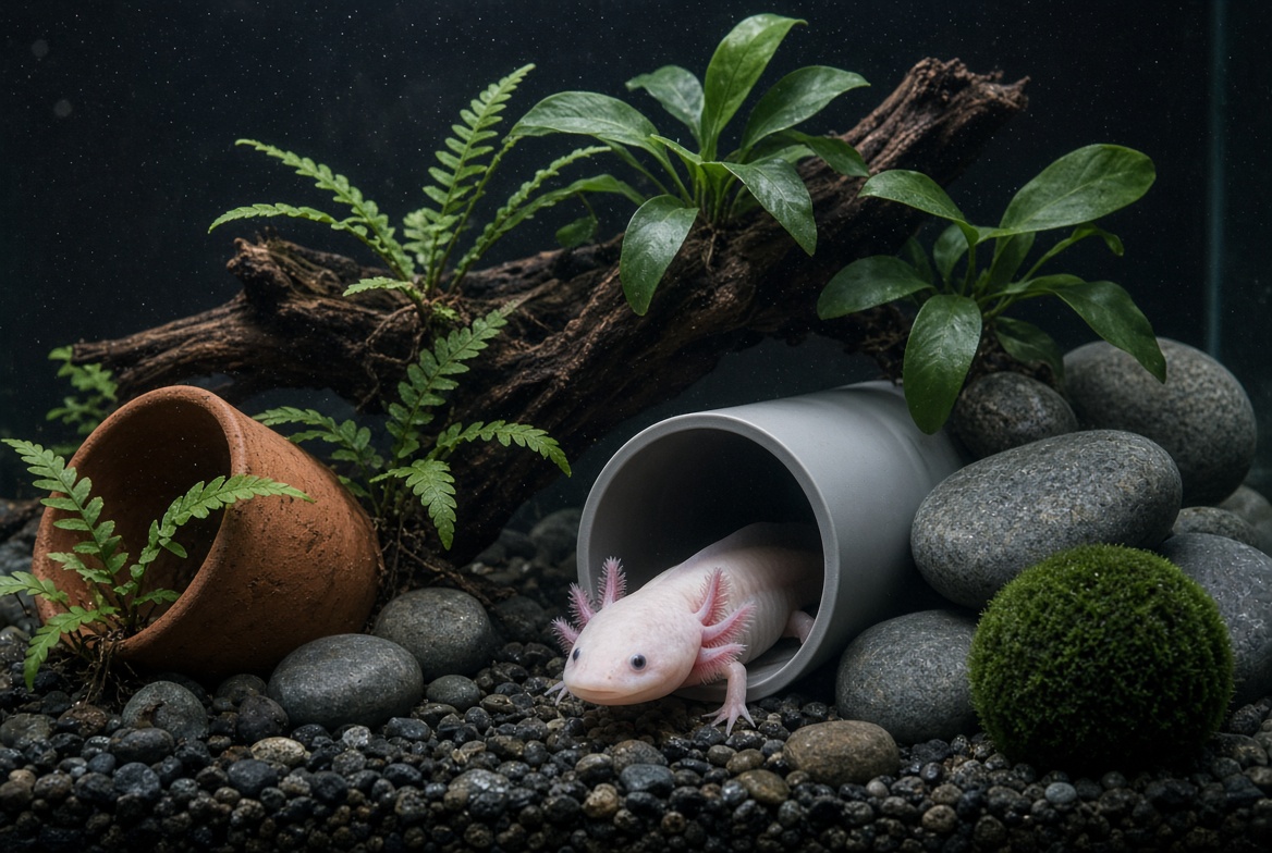 An axolotl emerging from a smooth tunnel hide surrounded by live plants