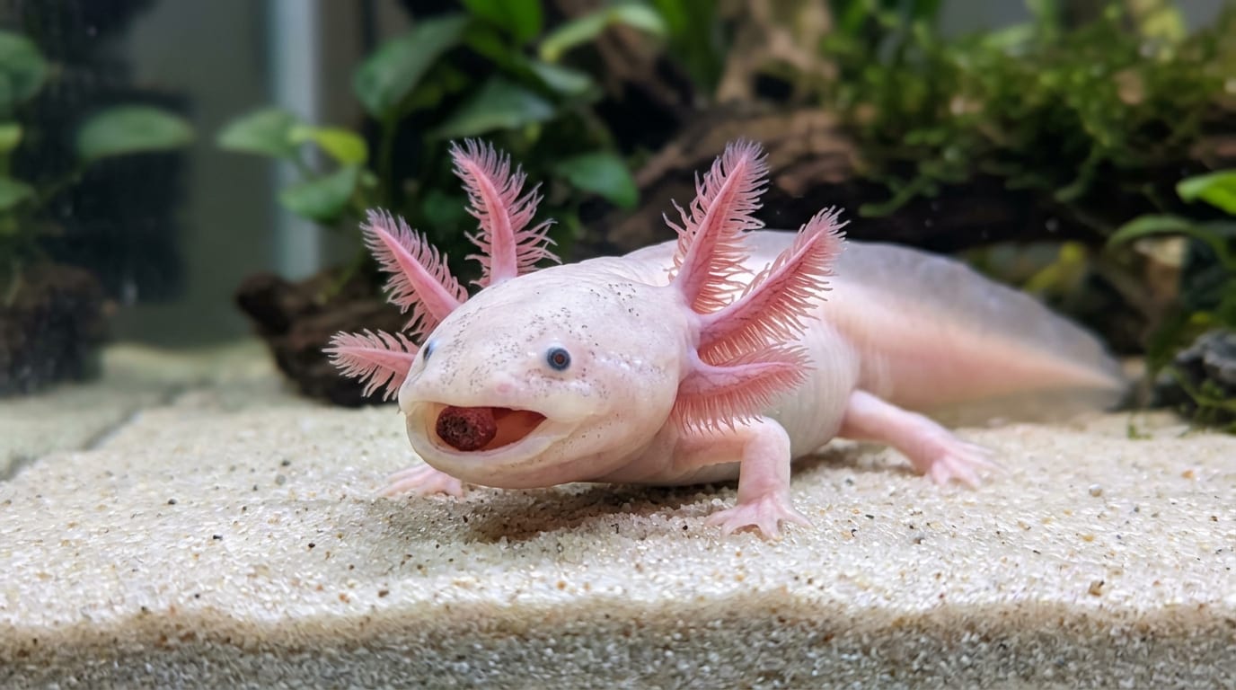 An axolotl on the tank floor eating a sinking pellet, gills fanned out