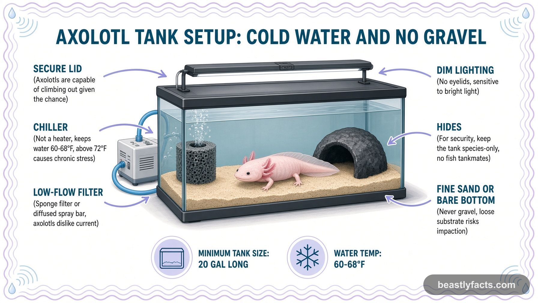 Labeled diagram of an axolotl tank showing the chiller, low-flow filter, fine sand substrate, and hides