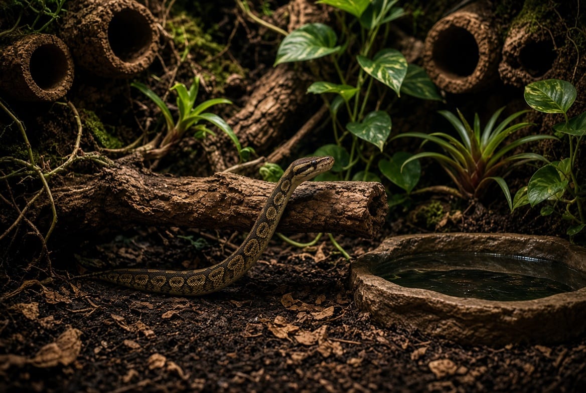 A ball python exploring a furnished terrarium with cork bark, climbing branch and live planting