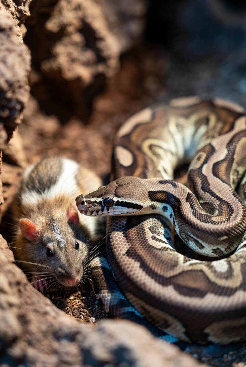 Ball python in a naturalistic enclosure with properly prepared frozen/thawed prey