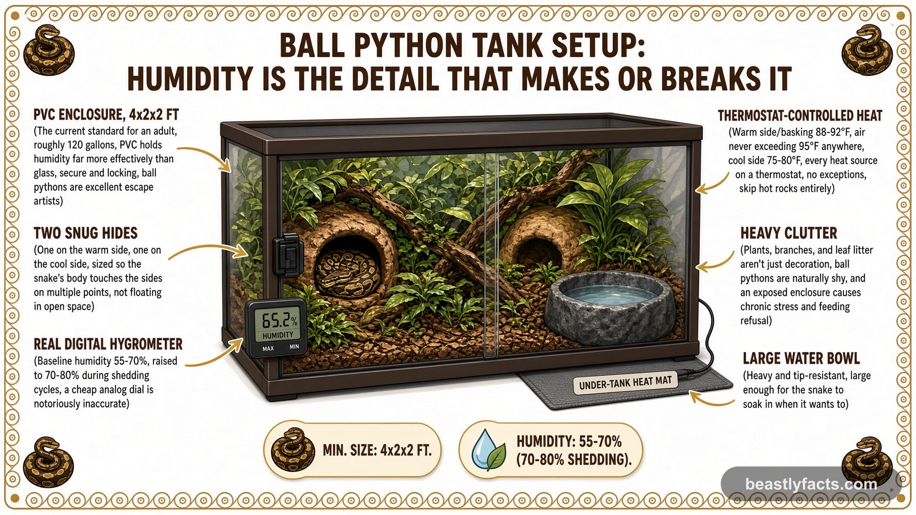 Labeled diagram of a ball python enclosure showing a PVC enclosure, thermostat-controlled heat, and heavy clutter