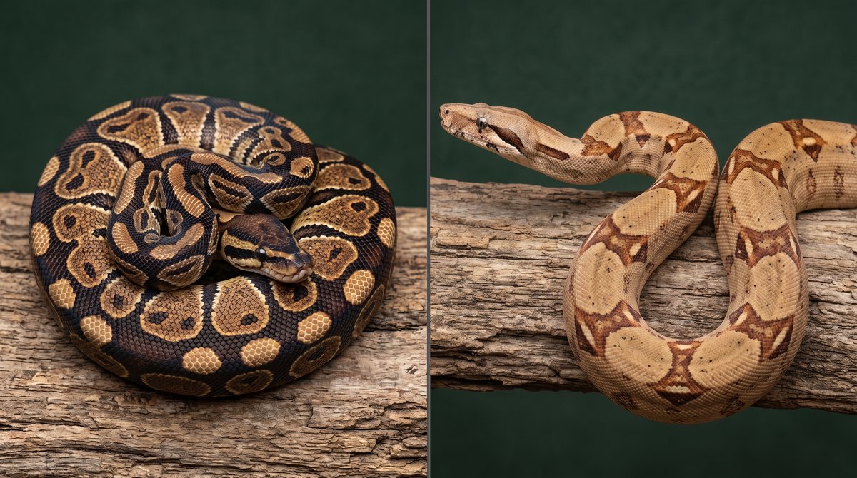 A ball python and a boa constrictor side by side for comparison