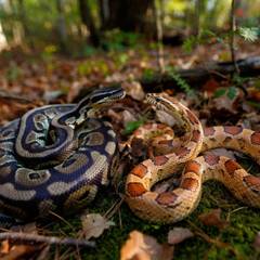 A ball python and a corn snake side by side for comparison