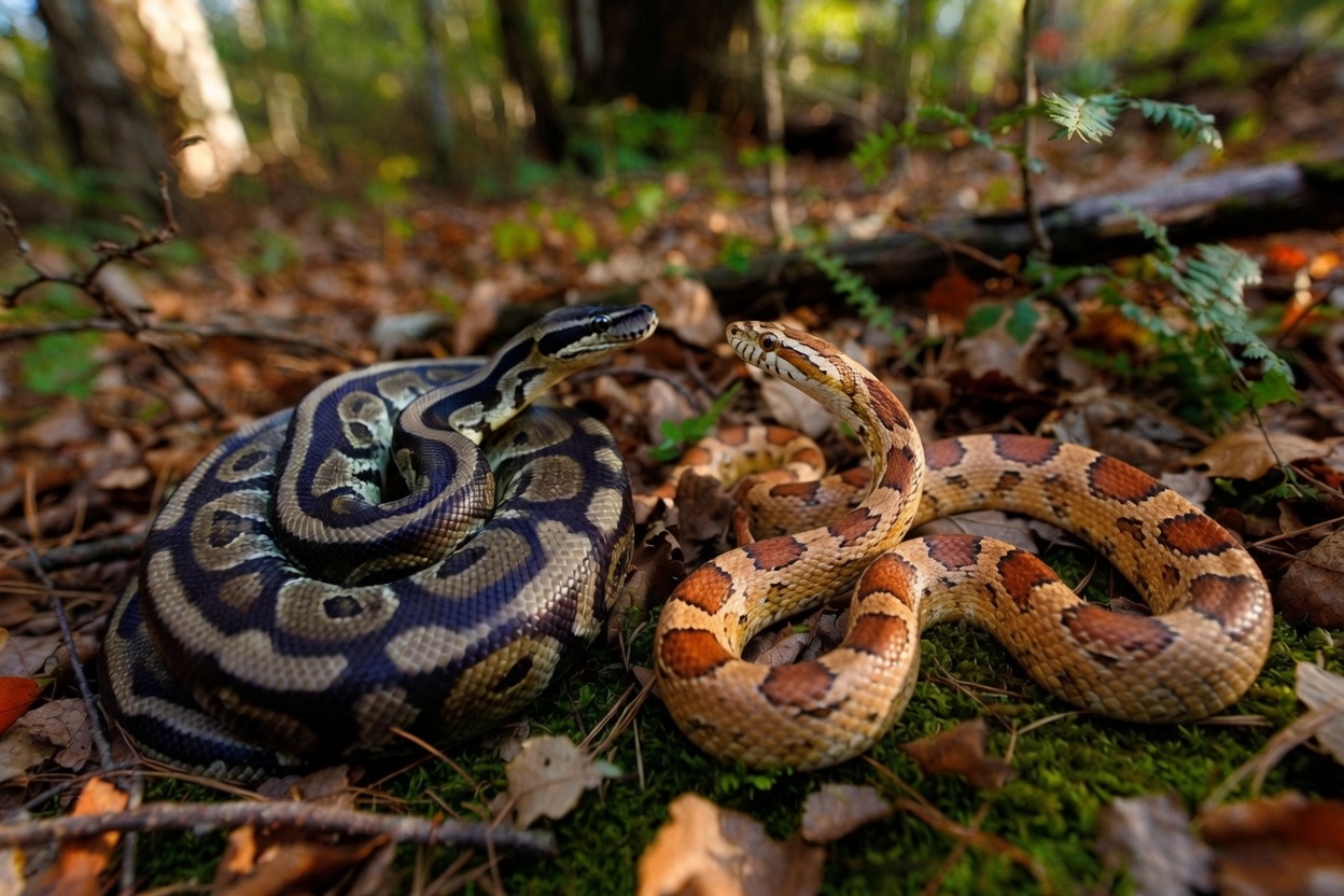 A ball python and a corn snake side by side for comparison