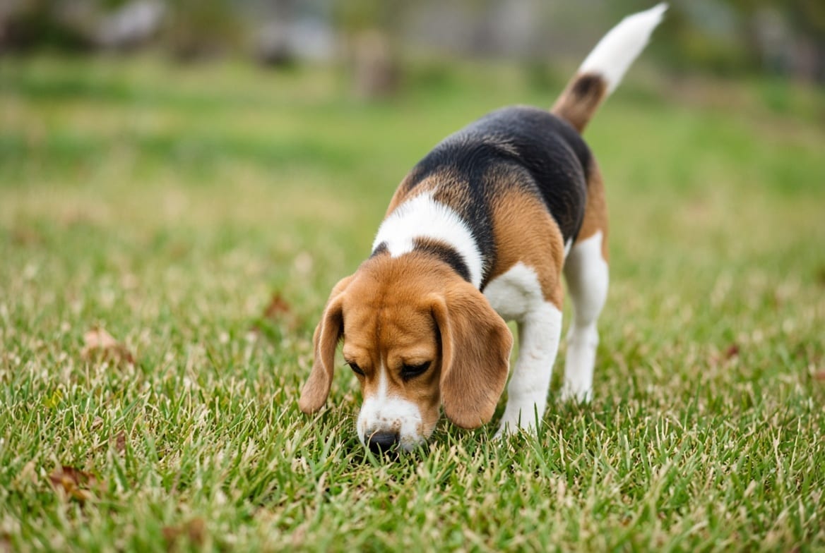 A beagle nose-down tracking a scent trail across grass, ears forward