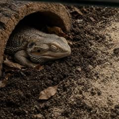 Brumating bearded dragon asleep with its eyes closed, half-tucked under a cork bark hide on a bed of dark soil and dried leaves