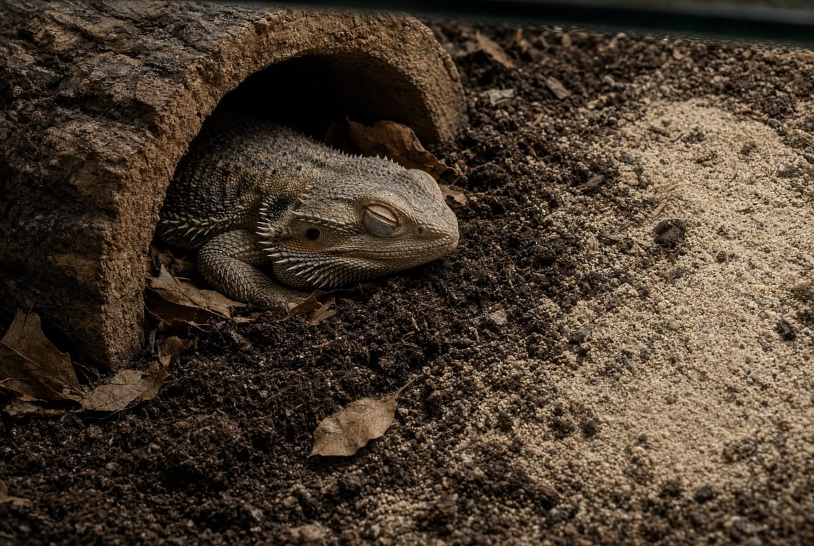 Brumating bearded dragon asleep with its eyes closed, half-tucked under a cork bark hide on a bed of dark soil and dried leaves