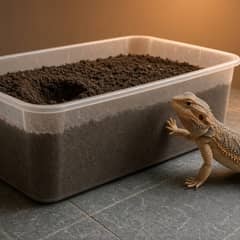 Adult female bearded dragon standing beside an open lay box filled with damp soil and sand