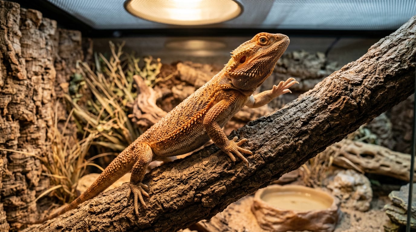 A bearded dragon climbing a sturdy branch inside its enclosure