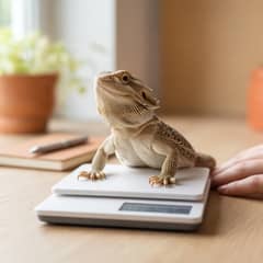 Bearded dragon sitting on a digital kitchen scale being weighed by its owner
