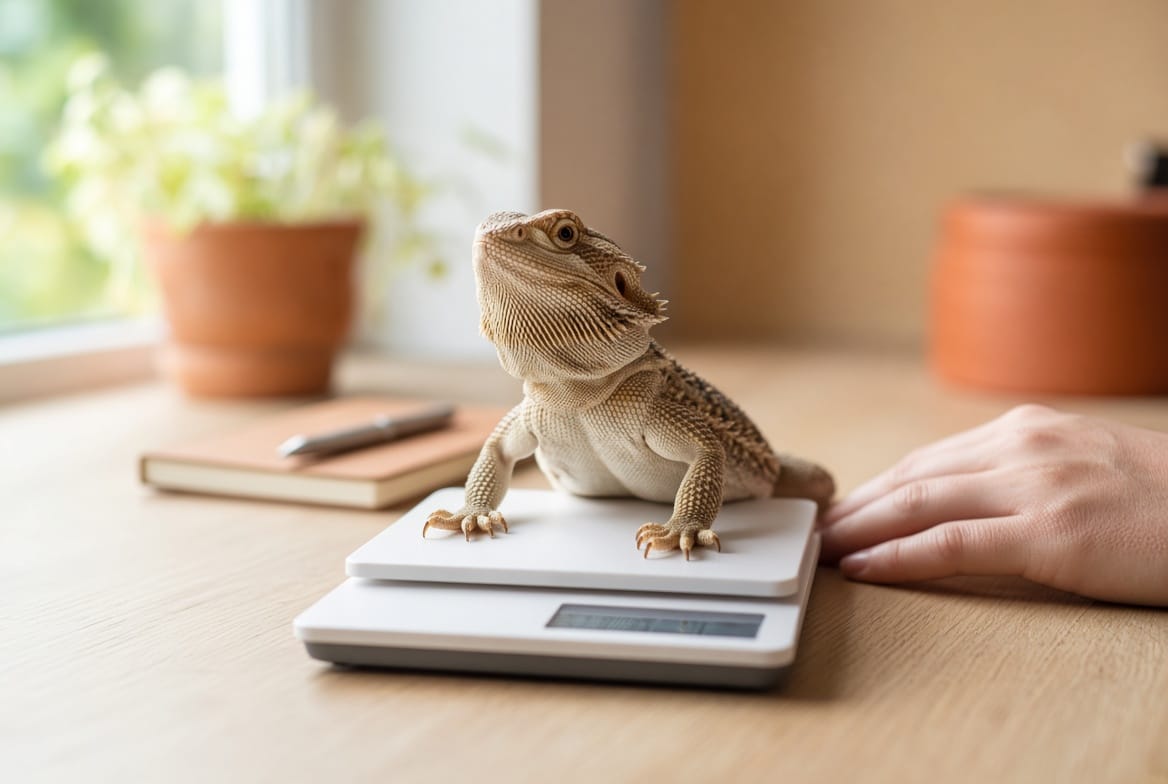 Bearded dragon sitting on a digital kitchen scale being weighed by its owner