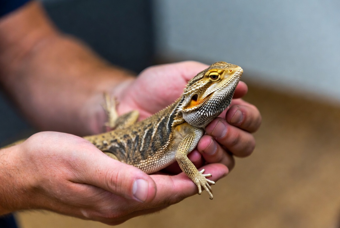 Person gently holding a bearded dragon with a full underhand grip