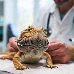 Veterinarian examining a bearded dragon on an exam table