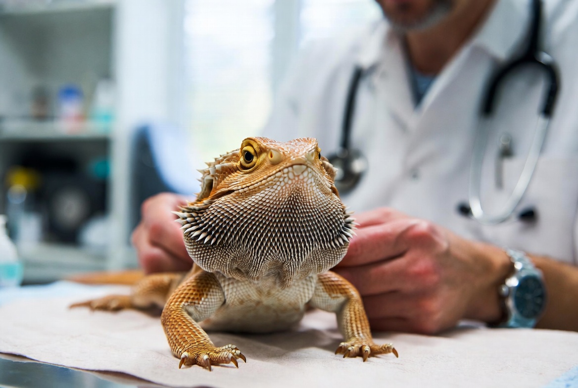 Veterinarian examining a bearded dragon on an exam table