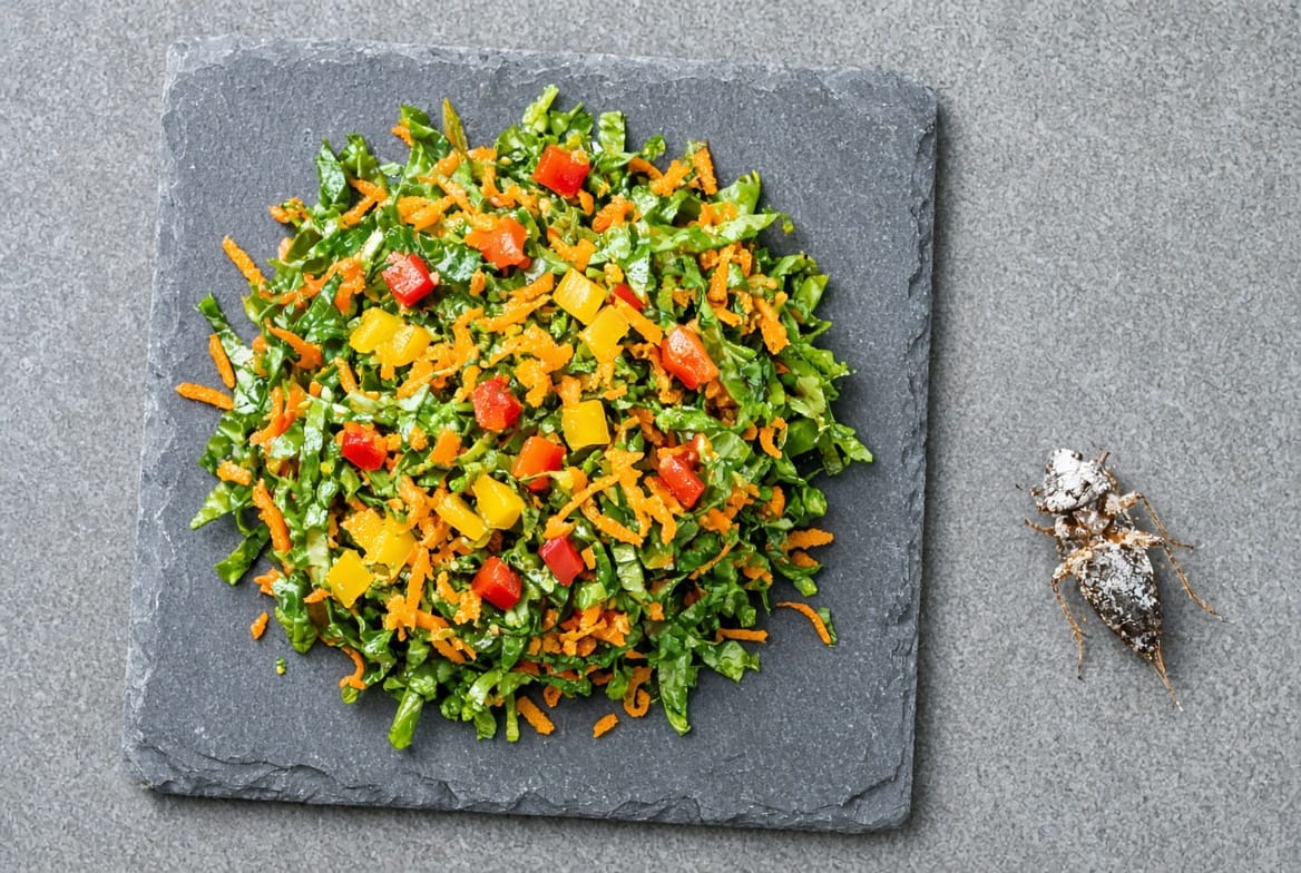 Chopped bearded dragon salad of leafy greens, shredded carrot, and diced red and yellow bell pepper on a slate tile beside a calcium-dusted feeder insect