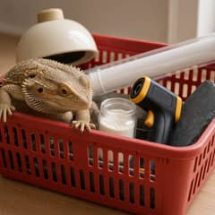 An adult bearded dragon perched on the rim of a red shopping basket filled with reptile gear: a dome lamp, a tube light fixture, a temp gun, a jar of supplement powder, and a slate tile