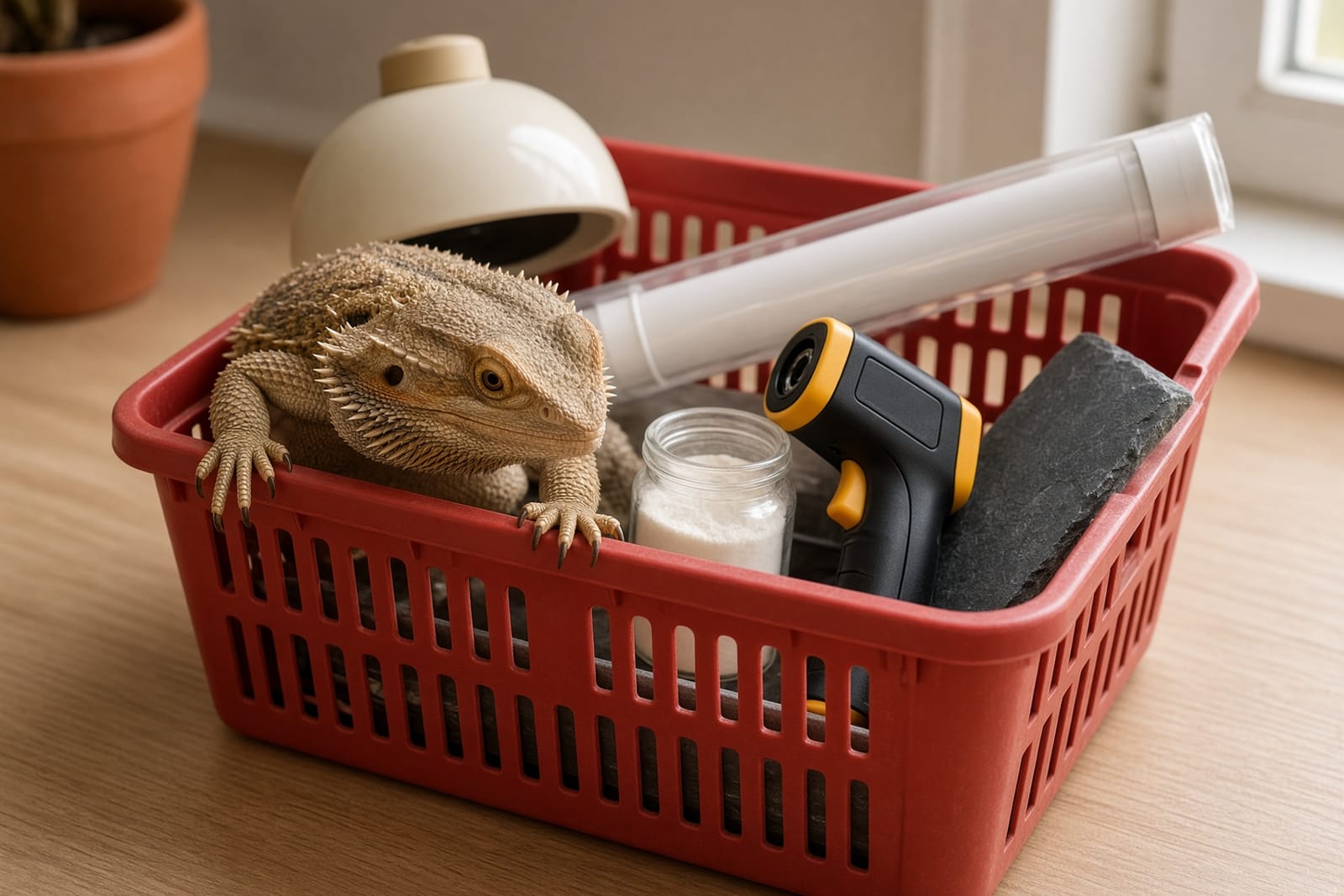 An adult bearded dragon perched on the rim of a red shopping basket filled with reptile gear: a dome lamp, a tube light fixture, a temp gun, a jar of supplement powder, and a slate tile