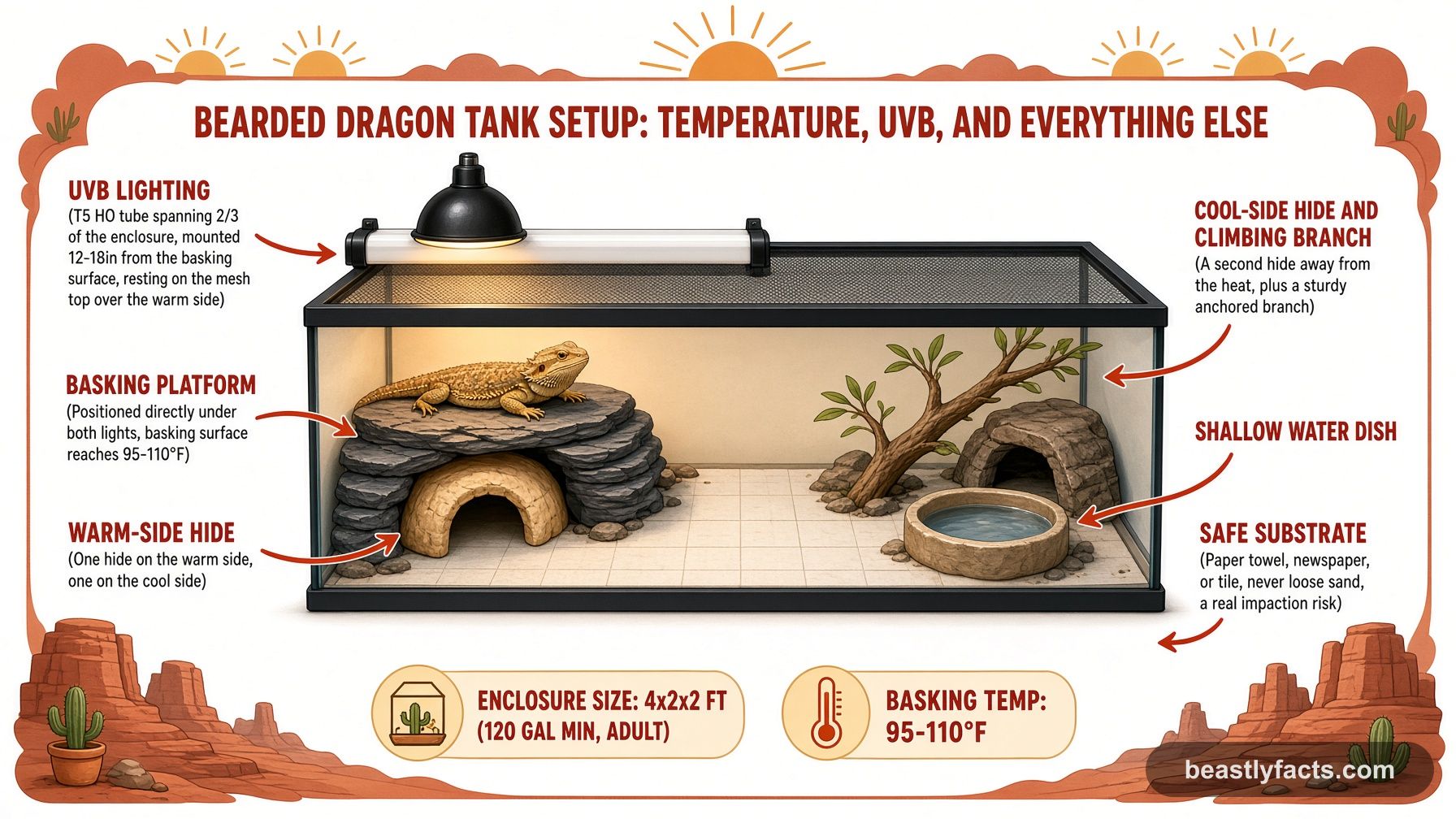 Labeled diagram of a bearded dragon enclosure showing UVB lighting, a basking platform, hides, and safe substrate
