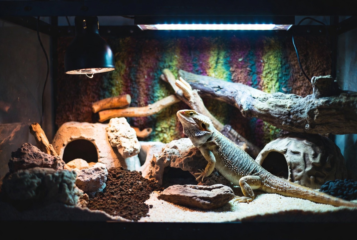 Fully furnished bearded dragon enclosure with basking platform and UVB lighting