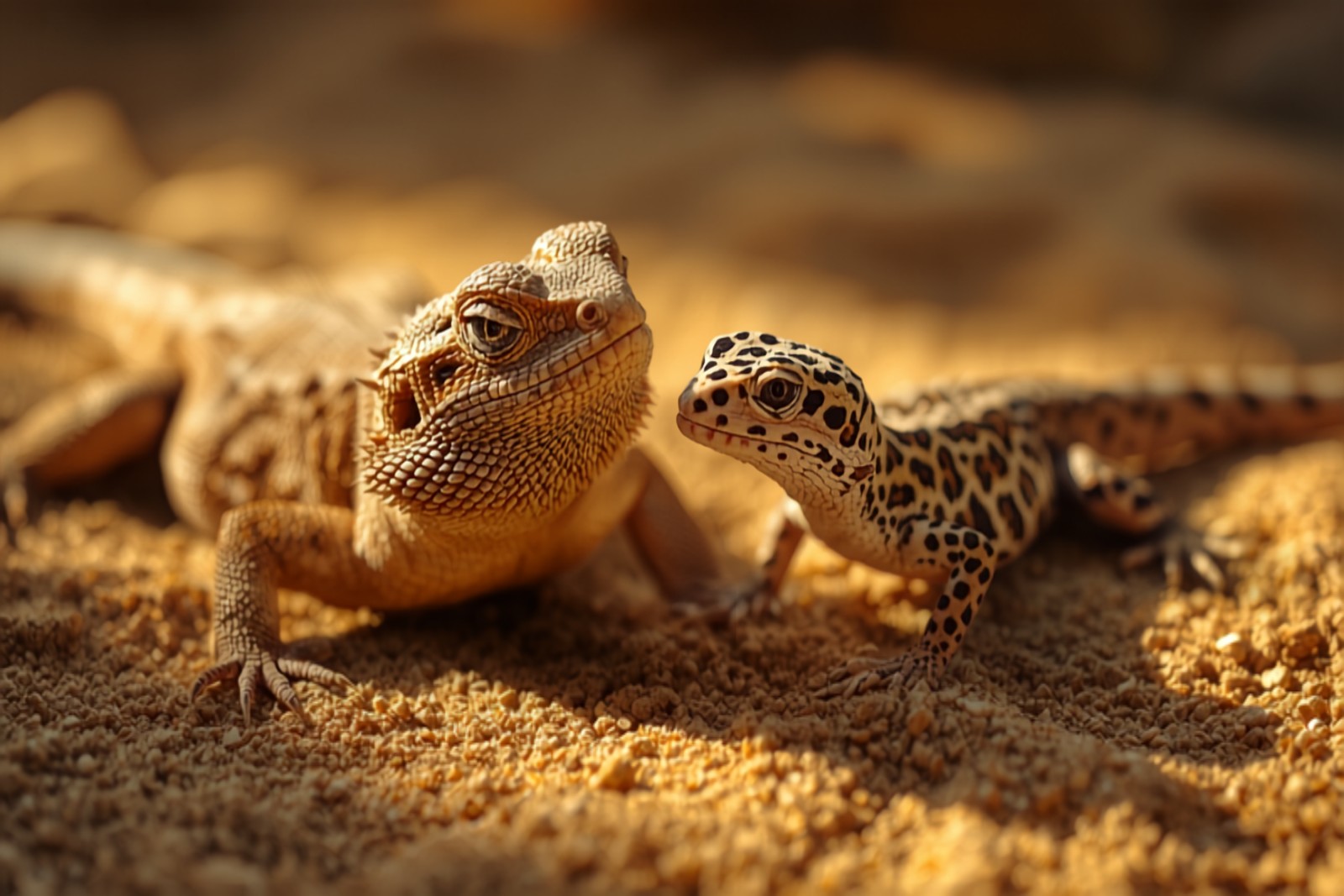 A bearded dragon and a leopard gecko side by side for comparison