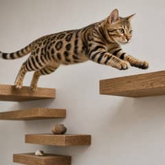A spotted bengal cat mid-leap between two high wall shelves