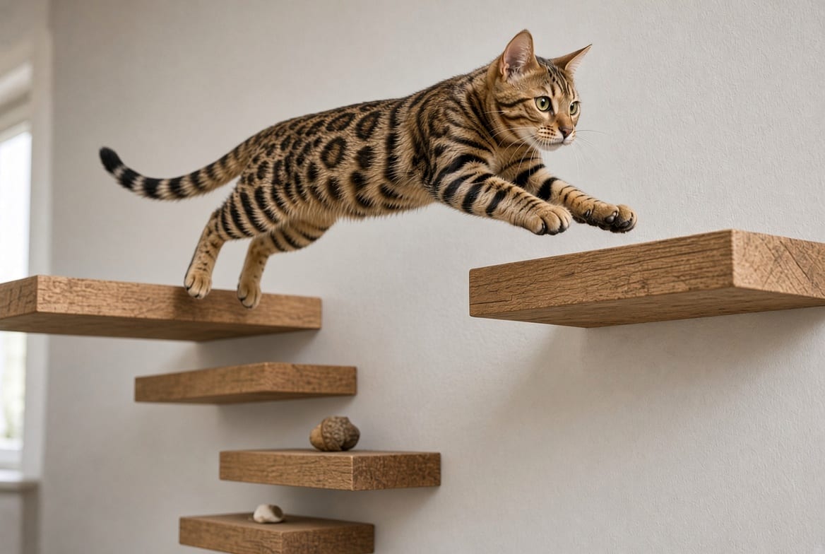 A spotted bengal cat mid-leap between two high wall shelves