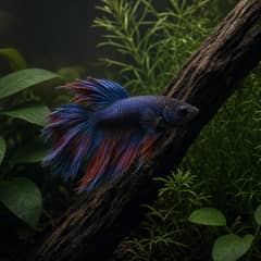 A betta swimming through dense live planting in a furnished aquarium