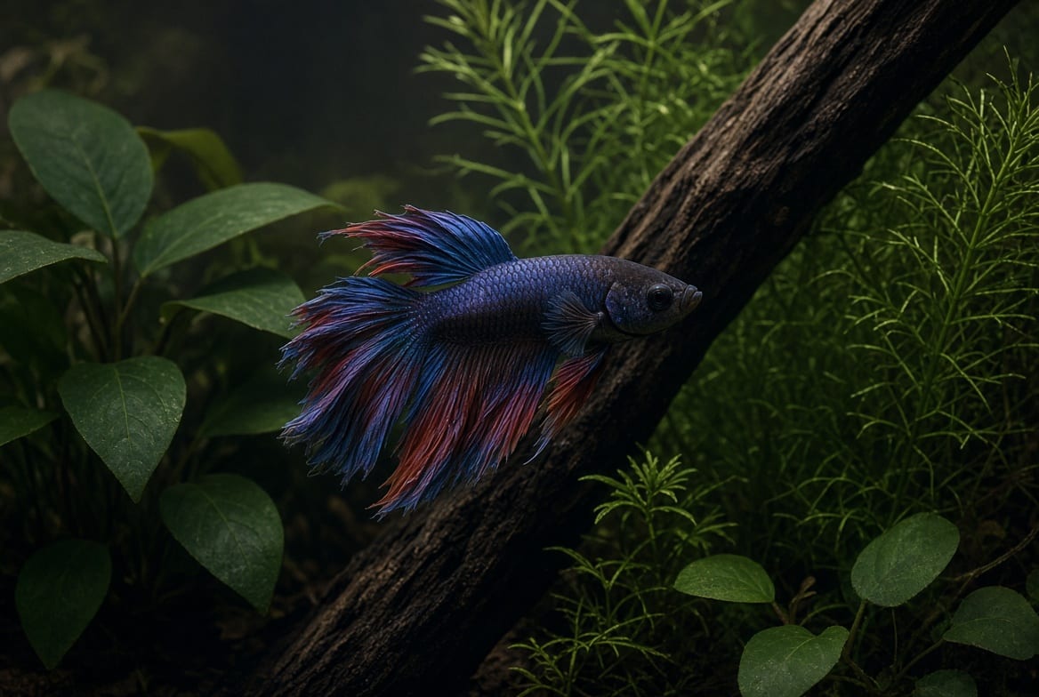 A betta swimming through dense live planting in a furnished aquarium