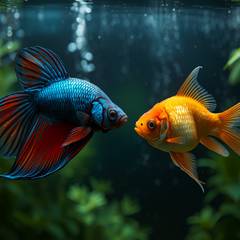 A betta fish and a goldfish side by side for comparison