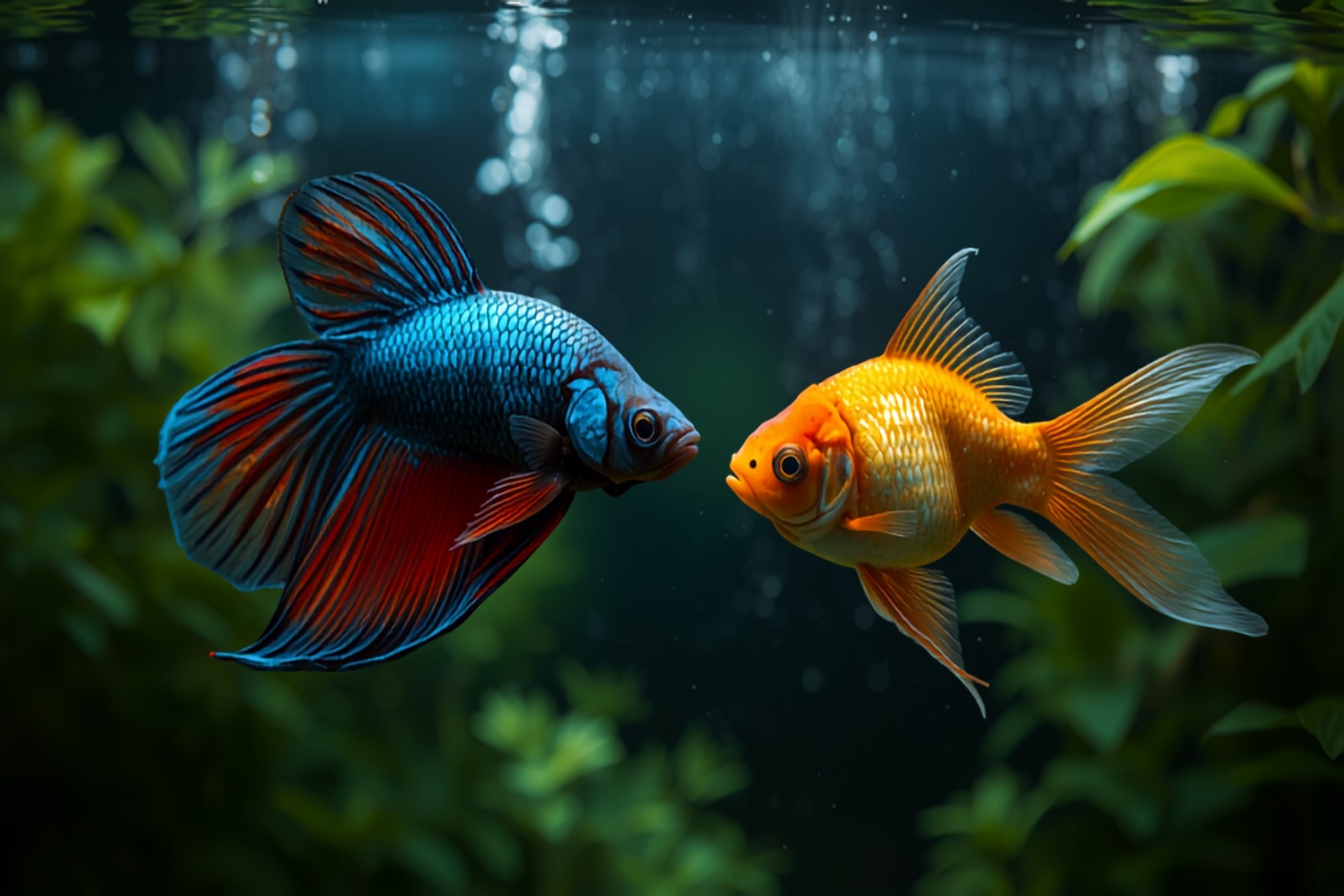 A betta fish and a goldfish side by side for comparison