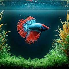 Betta fish in a well-planted aquarium with a water test kit and thermometer nearby