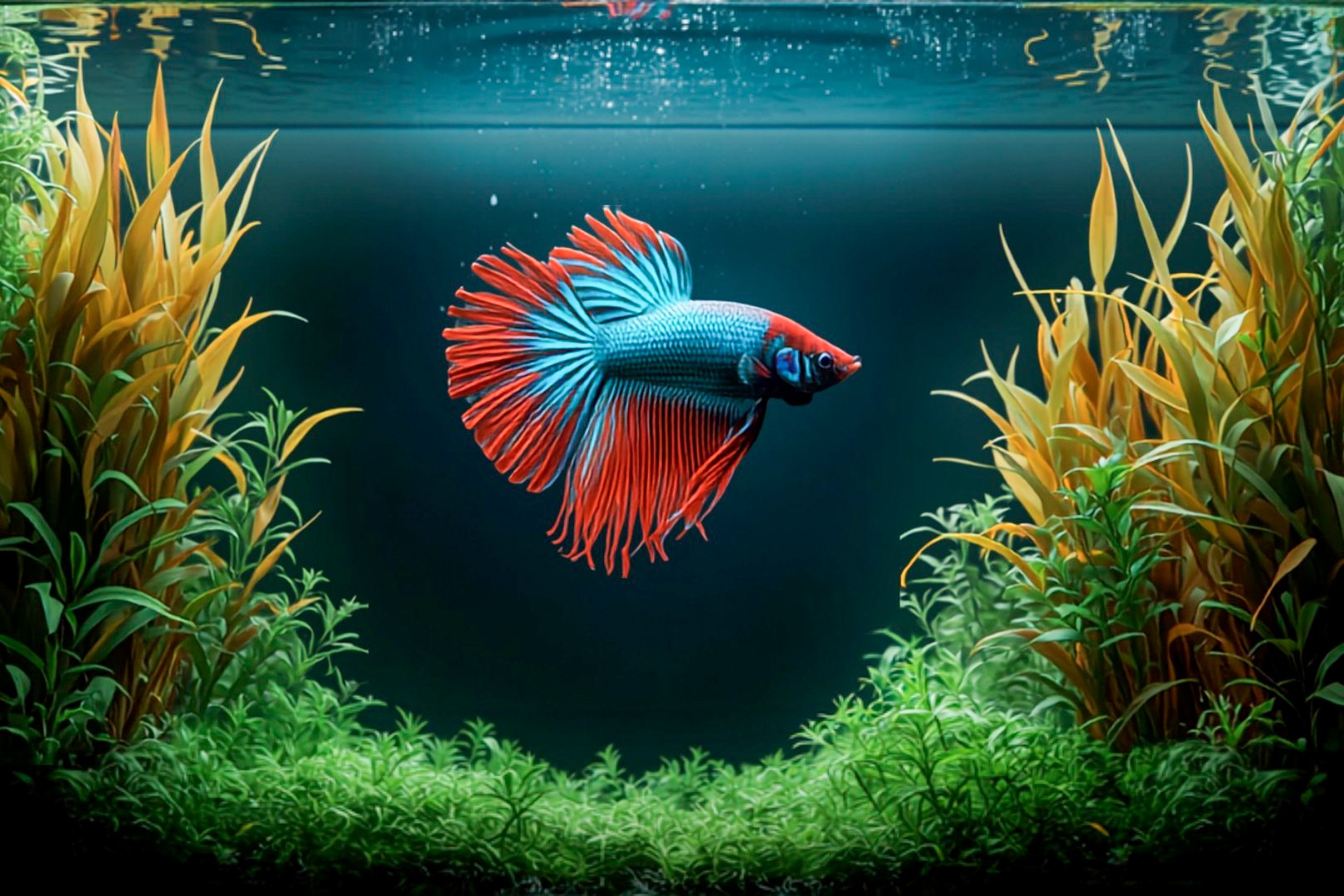 Betta fish in a well-planted aquarium with a water test kit and thermometer nearby