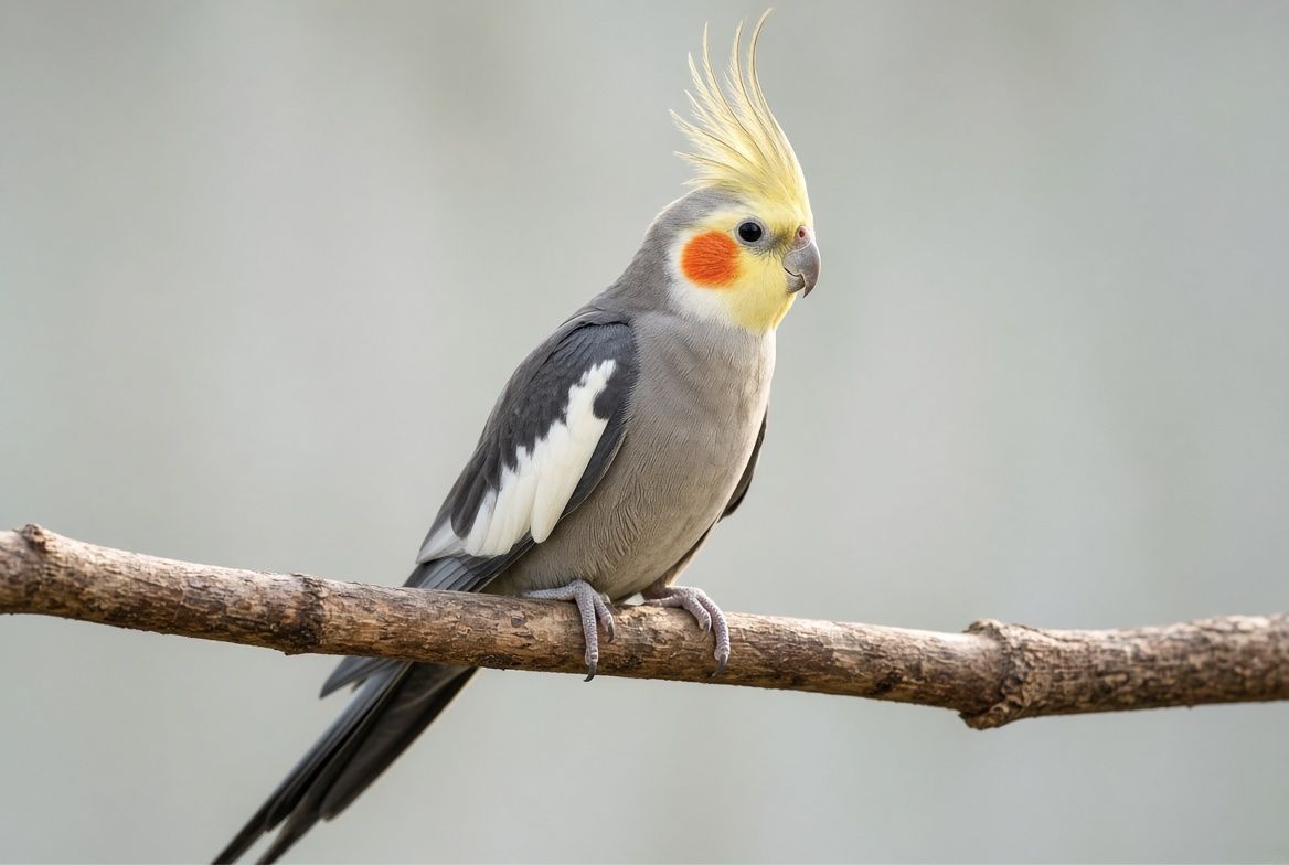 A cockatiel perched on one foot with feathers loosely fluffed and eyes bright, beside an illustration of a sick bird huddled low on both feet with feathers puffed tight and eyes half closed
