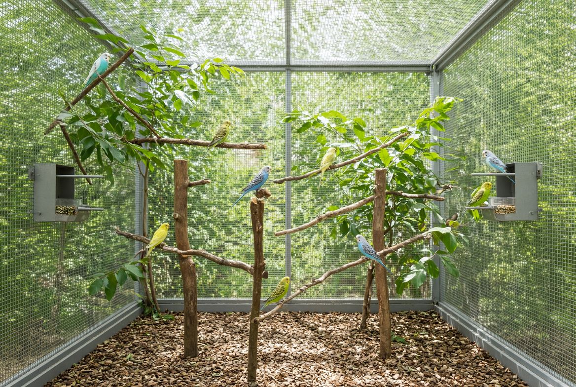 A mixed group of budgies perched at spaced-out intervals along several different perches inside a large flight aviary, with multiple food and water stations visible