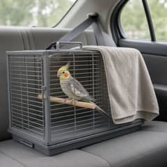 A small parrot in a soft-sided travel carrier with a perch, sitting next to a flashlight and a covered cage during a power outage