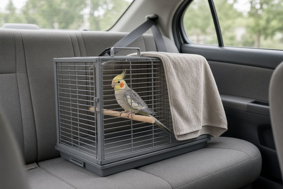 A small parrot in a soft-sided travel carrier with a perch, sitting next to a flashlight and a covered cage during a power outage