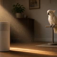 A HEPA air purifier running on a hard floor beside a cockatoo's cage in a well-ventilated living room