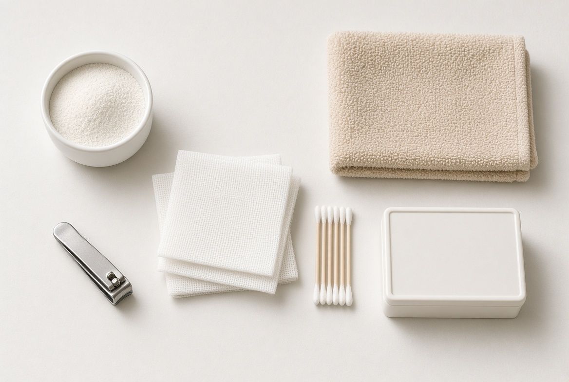 A cockatiel perched beside a small first aid kit with styptic powder, nail clippers, and a folded hand towel laid out on a table